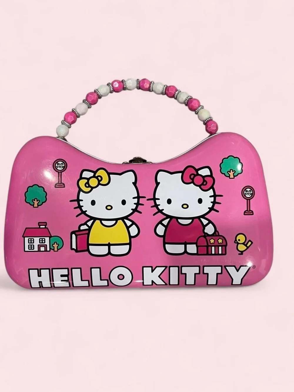 NWT Hello Kitty Pink tin Kids Handbag with Bead Handle